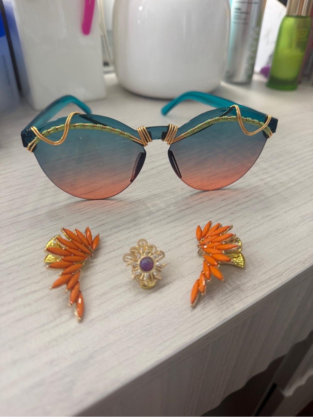 Women's Gradient Teal and Coral Sunglasses with Gold Filigree Accent - Picture 2 of 3